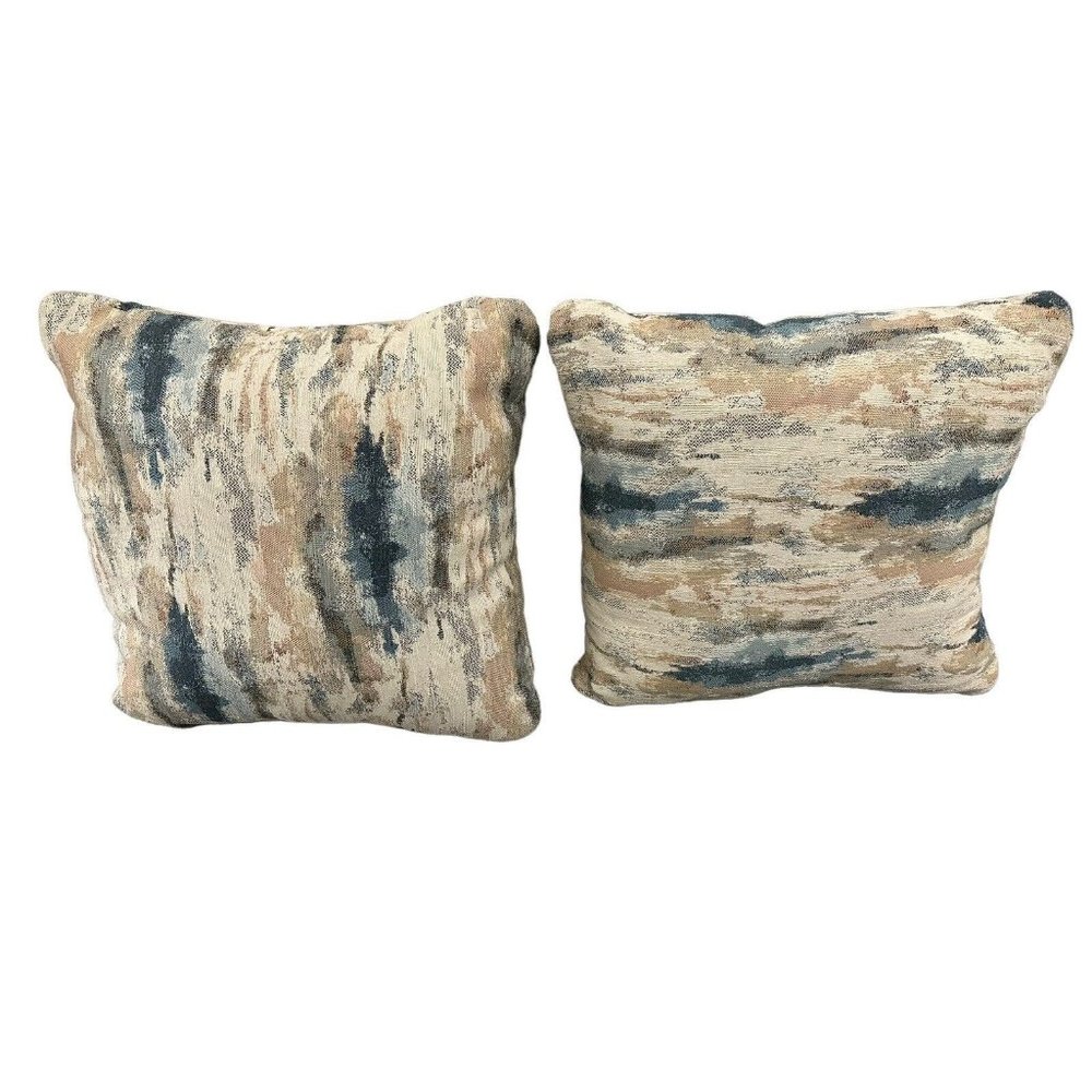 Set Of 2 Living Spaces‎ 18X18 Ivory + Blue Stripe Throw Pillows NEW Unused